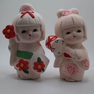 Vintage Japanese Girl Figurines Set Ceramic Hand‎ Painted Decor Kawaii